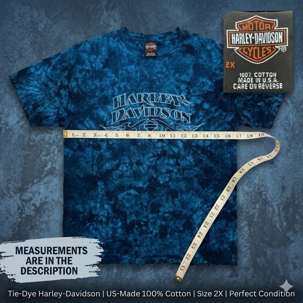 Vintage Harley Davidson Tie Dye‎ Shirt 2XL Made In USA Blue Black Biker Mens XXL